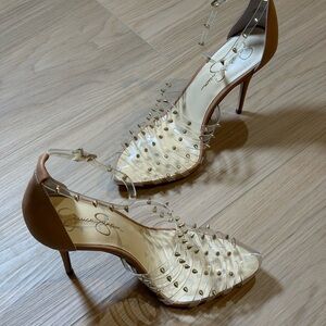 Jessica Simpson Tan and Clear Studded Heels